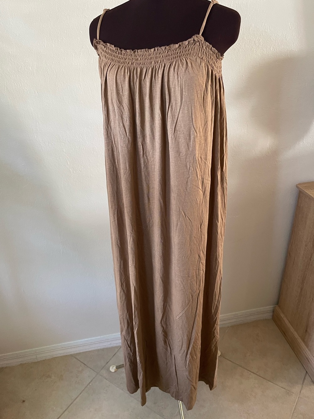 H&M Taupe Smocked Top Maxi Dress with Thin Straps NWT large lightweight